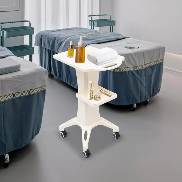 Skønhedsvogn, ABS-materiale, Dimensioner 45cm x 37cm x 72cm, Bakke størrelse 24cm x 23cm, Belastningskapacitet 40kg, 4 hjul (2 med bremser)