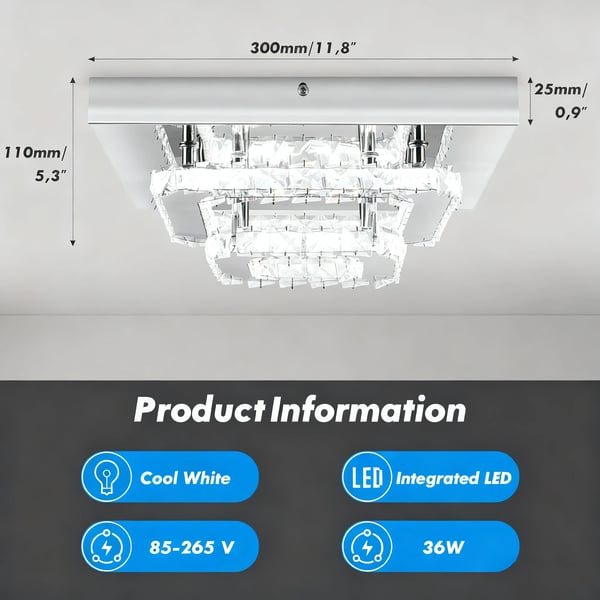 Loftlampe, LED-belysning, Elegant Krystal Design,Kold Hvid, 30x30x11cm, HVID