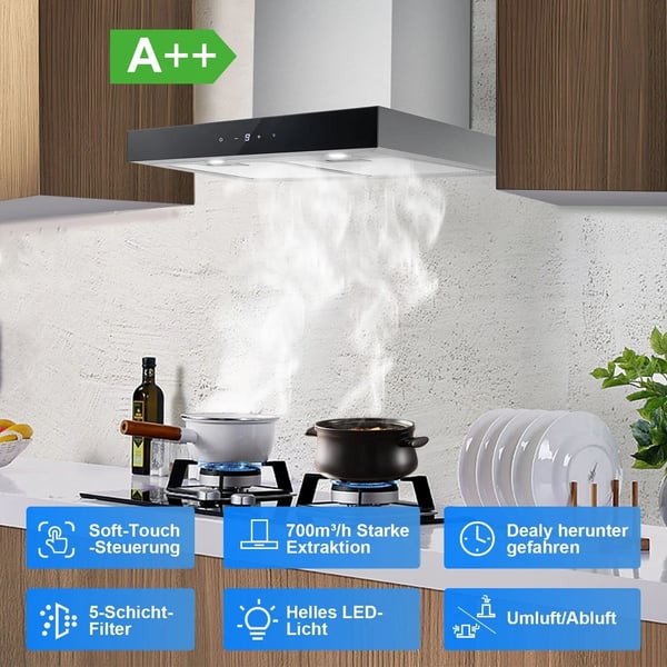 Væghængt emhætte, 700m³/t luftstrøm, energieffektiv A++,EU