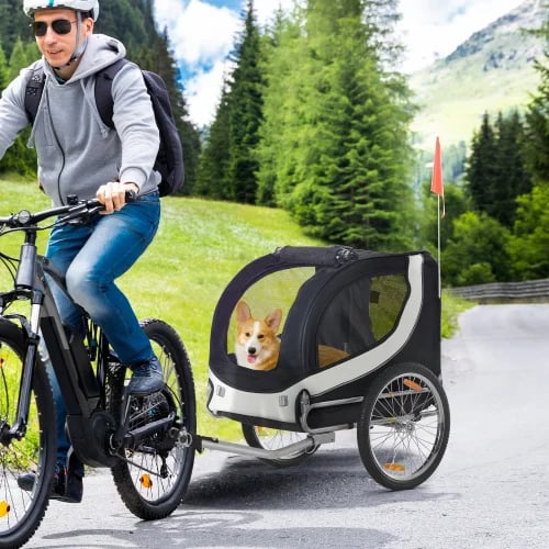 Hundsläp, 130L x 73B x 90H cm, Lämplig för Medelstora Hundar, Robust Stålram, Pneumatiska Däck, Två Ingångar