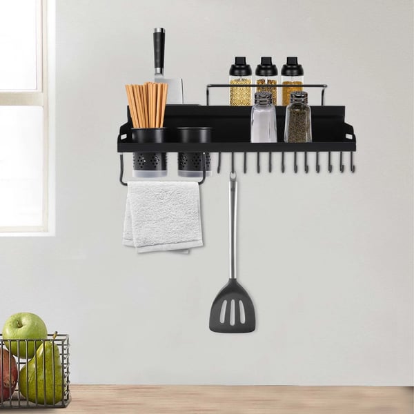 Vægmonteret krydderiholder, Dimensioner 50*19,5*10 cm, Kulstofstål og plastmateriale, 2 niveauer, 12 kroge, 2 spisepinde beholdere