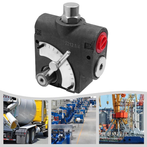 Hydraulinen virtauksensäädin, säädettävä virtauksen säätöalue, varoventtiilin asetusväli, maksimi käyttöpaine 3000 PSI, musta
