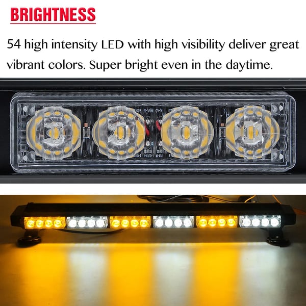 Strobe Light Bar, 28 tommer, 54 LED'er, Vandtæt IP65, 12V, Amber & Hvid Farve