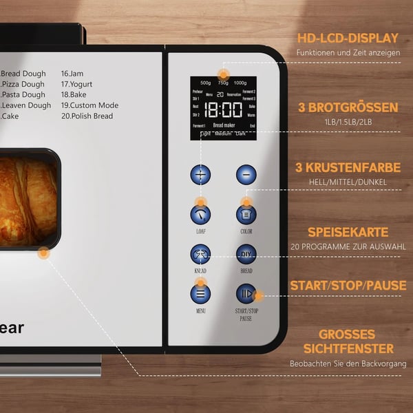 Brödmaskin, 20 Programfunktioner, 15-timmars Timer,VIT
