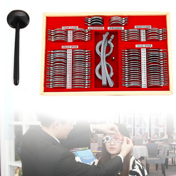 Prøvebrille Sæt, 104 Linser, Sfære Linser, Cylinder Linser, Prisme Linser, Aluminium Transportkasse