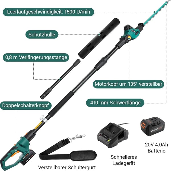 Trådløs Hækkeklipper, 45 cm Klinge, 4 m Rækkevidde, 20 V Batteri, 4000 mAh Kapacitet, 1500 omdr./min Hastighed