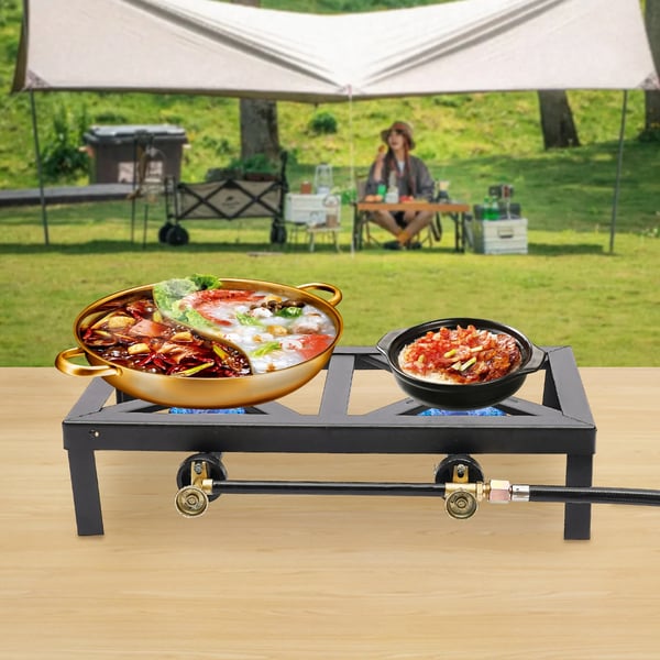 Camping Gasblus, Dobbeltbrænder, Bærbar Udendørs Kogeapparat,sort