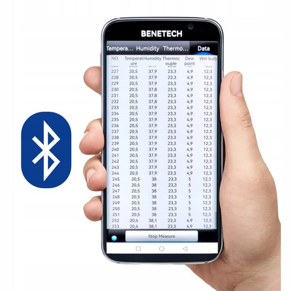 Hygrometer, Probe Længde 1,5 Meter, Måleområde 0%-100% Fugtighed, Temperaturområde -50°C til 200°C, Digital Skærm, Bluetooth Forbindelse