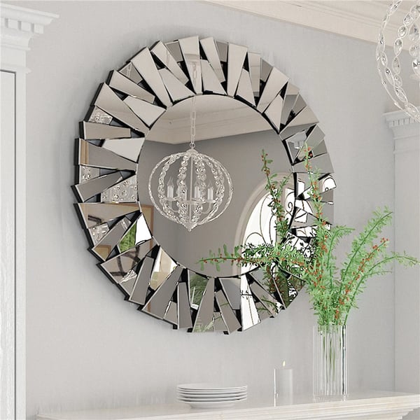 Dekorativ Væg Spejl, Solstråle Design, Rund Form,80x80cm, Sølv
