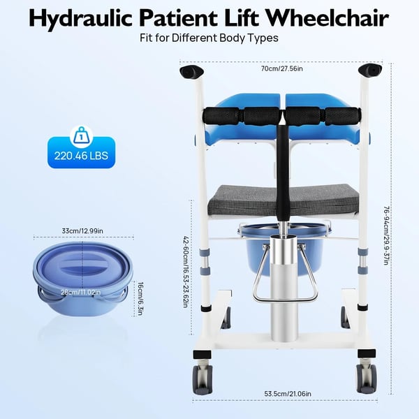 Patient Mobilitetsløftestol, 100 kg Belastningsevne, Holdbart Højkulstofstål, Justerbar Højde, 180° Foldbar Rygstøtte, TPE Hjul