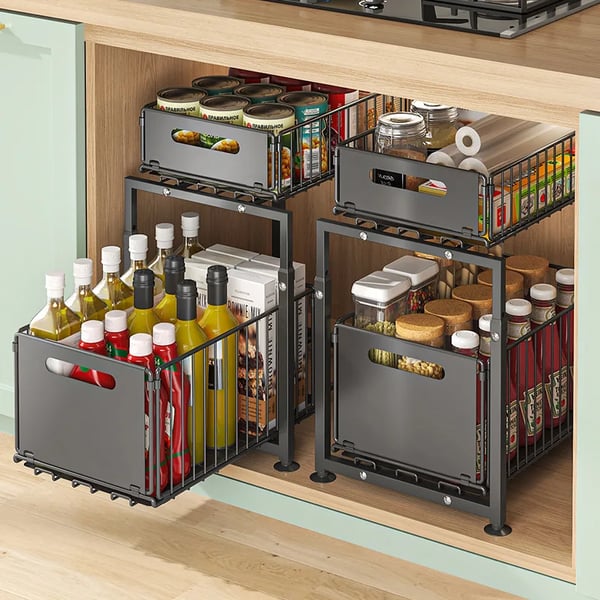 Under Sink Organizer, Justerbar Højde, Utrækkelig Opbevaring,2 Niveau