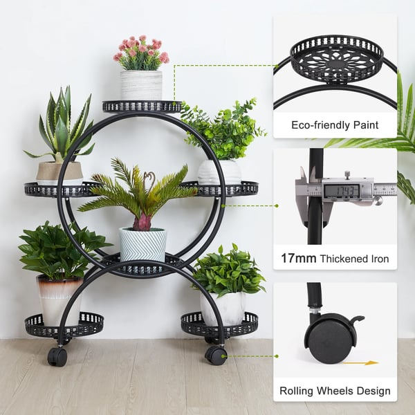 Plantebord, 6 Potte Design, Låselige Hjul,sort, Stor