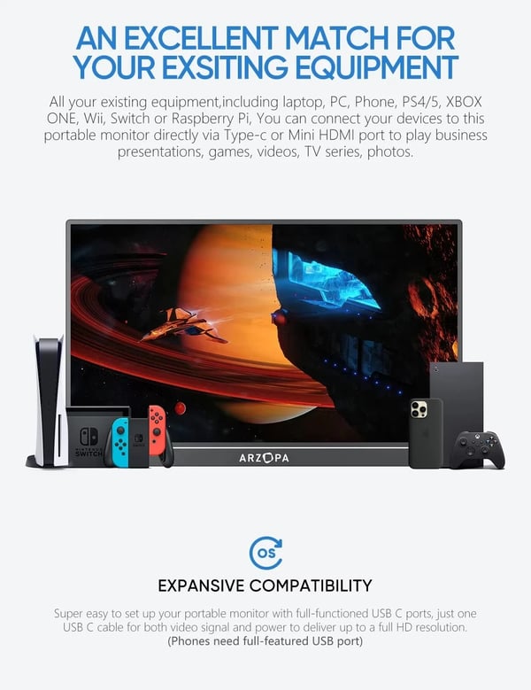 Bærbar skærm, 17,3 tommer 1080P display, HDR10 med indbyggede højttalere,17.3 A1M 1080P