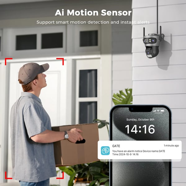 Udendørs Kamera, Tri-Linse Design, AI Menneske Detektion,EU-stik, 15MP NE SD-kort