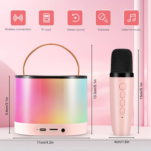 Karaoke Maskine, Bluetooth 5.3, Kompatibel med smartphones og tablets, Op til 8 timers batterilevetid, 2 Trådløse Mikrofoner, 5 Lyd Effekter