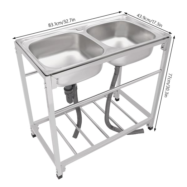 Kommersiel rustfrit stål vask, 83 x 43,94 x 76,96 tommer, dobbelt skål konfiguration, belastningskapacitet 165,35 lbs, lyddæmpende design