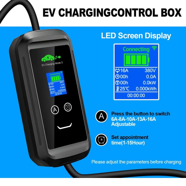 EV-lader, Justerbar Strøm, WiFi App Kontrol,Type2, Total 7M Med APP