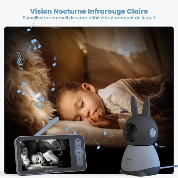 Babymonitor, 720p videoopløsning, 360° synsvinkel, 128GB lagerkapacitet, batteridrevet, tovejs lyd