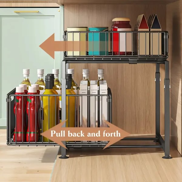 Under Sink Organizer, Justerbar Højde, Utrækkelig Opbevaring,2 Niveau