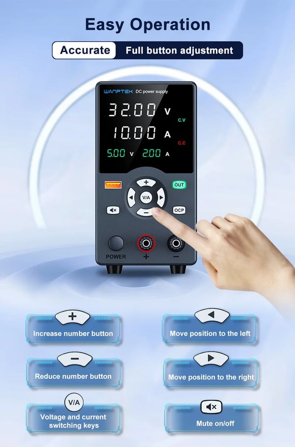 DC Strømforsyning, Justerbar Spænding, USB Udsigtsdisplay,32V 10A GC3010H