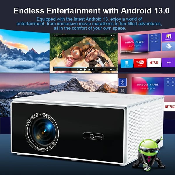 1080P projektor, 19000 lumen lysstyrke, automatisk keystone-korrektion, Bluetooth-kompatibel,Android-version