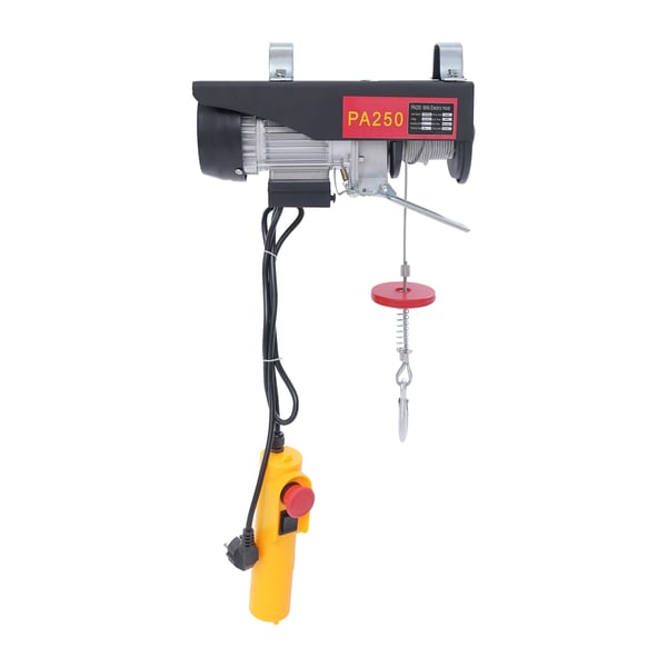 Elektrisk hejseværk, 550W effekt, 125kg belastningsevne, 18m ståltrådslængde, 220V spænding, 34*13*13.5cm størrelse