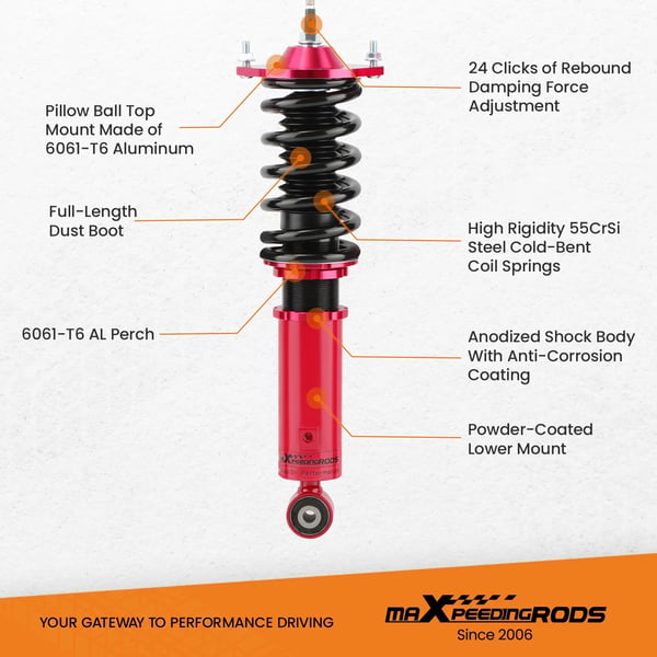 Coilovers affjedring, 24 niveauer af justerbar dæmper, Vare længde 63 cm, Vare bredde 51 cm, Vare højde 21 cm, Vægt 21380 g