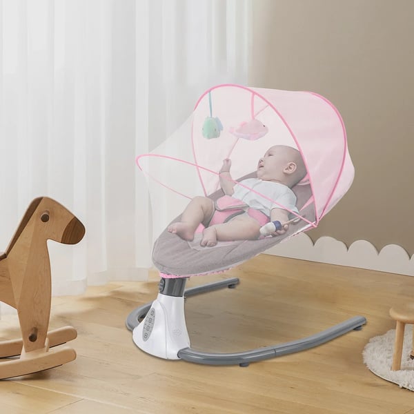 Elektrisk Baby Gyngestol, Fjernbetjening, Bluetooth-forbindelse, Fire Gyngeshastigheder,Lyserød