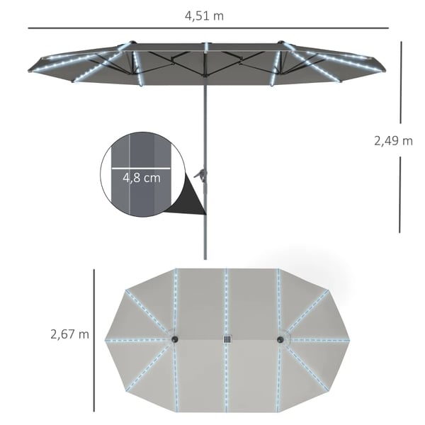 Dobbelt Parasol, Sol LED Lygter, UV Beskyttelse,Mørk Grå