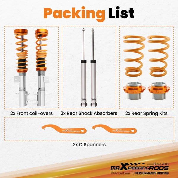 Coilover affjedringskit, Længde 64 cm, Bredde 53 cm, Højde 34 cm, Foran fjederhastighed 8 kg/mm, Bag fjederhastighed 6 kg/mm