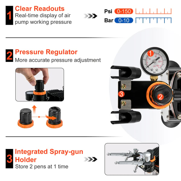 Airbrush-set, professionell kompressor, justerbart tryck, flera tillbehör