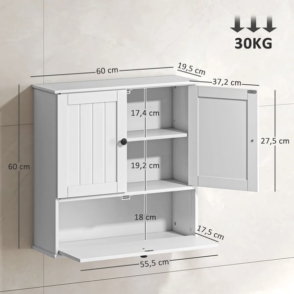 Badrumsskåp, Justerbar Hylla, Dubbel Dörr,VIT
