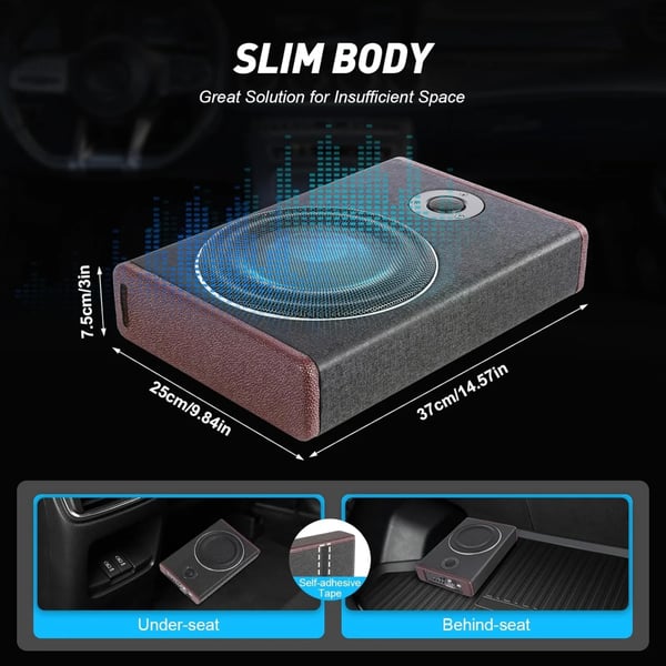 Bil Subwoofer, 600W Maksimal Effekt, 200W Nominel Effekt, DC 12V Spænding, 40Hz-200Hz Frekvensrespons, Dimensioner 345 mm x 260 mm x 68 mm