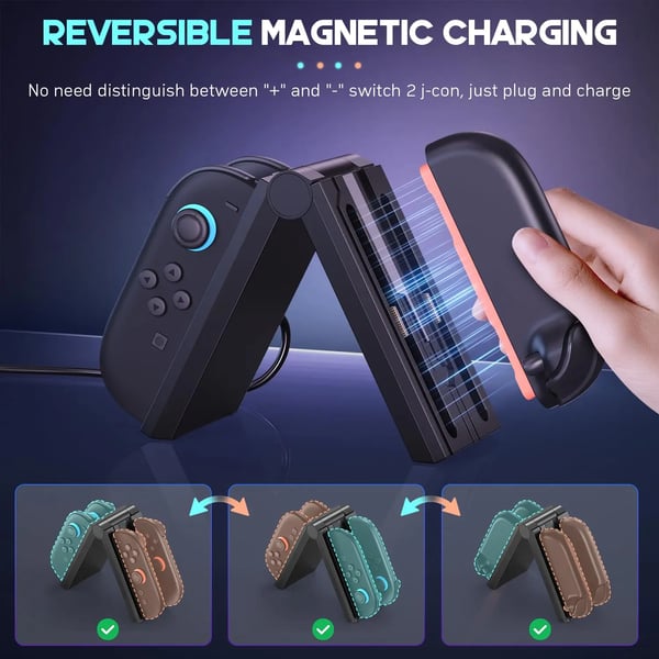 Opladningsstation, 4 porte, kompatibel med Nintendo Switch 2, foldbart design, 3 fod USB-C kabel, magnetisk connector