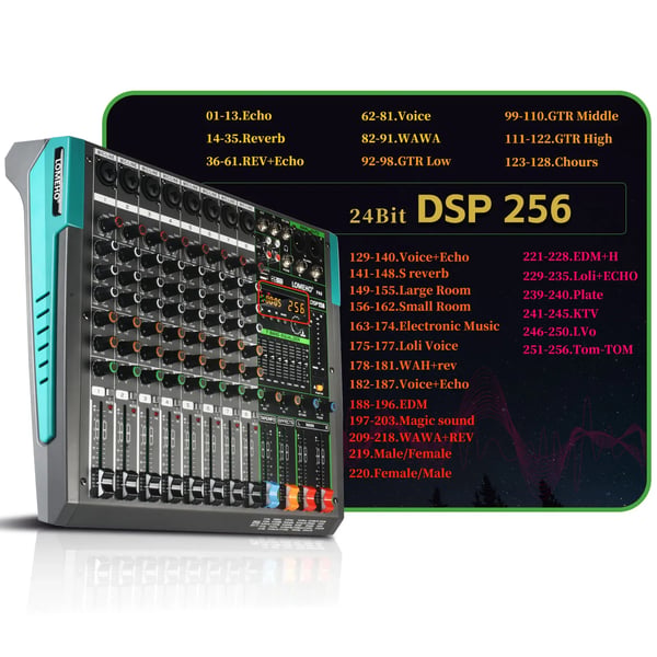 Lydmixer, 256 DSP-effekter, 8 XLR-indgange,EU STIK