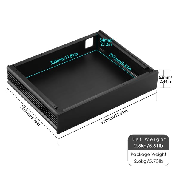 Forstærker, Audio Chassis, 320x248x62mm Dimensioner, 300x237x54mm Indre Rum, 2,5kg Vægt, Aluminiumlegering Materiale, Flere Tilbehør Inkluderet