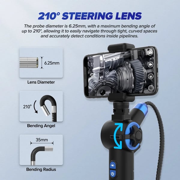 Automotive Borescope, 210° Styrelinse, 1080P HD Kamera, IP67 Vandtæt Rating, Justerbar LED Belysning, Kompatibel med Mobile Enheder