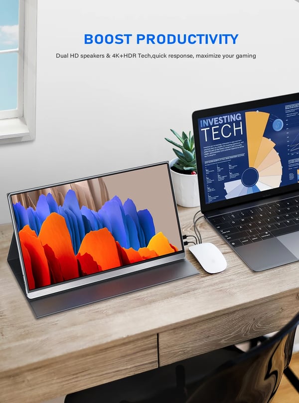 UPERFECT 4K Bærbar Skærm, Fantastisk 3840 x 2160 Opløsning, Indbyggede Højttalere,EU-stik