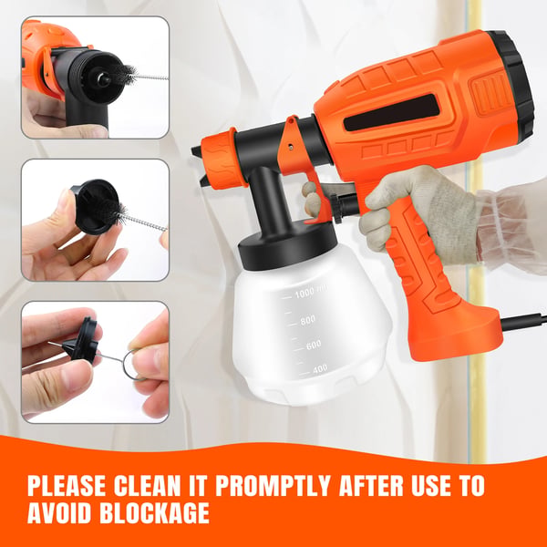 Malersprøjte, Maksimal Effekt 3800W, Beholder Volumen 1000mL, Justerbar Dyse Diameter 1.0/1.8/2.5mm, Malingsstrøm 800mL/min, Vægt 1.25kg