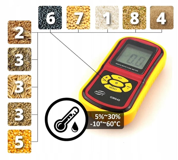 Kornfugtighedsmåler, Fugtighedsområde 5%-30%, Temperaturområde -10°C til 60°C, Digital LCD-skærm, 2-pins probe, Understøtter 8 kornsorter