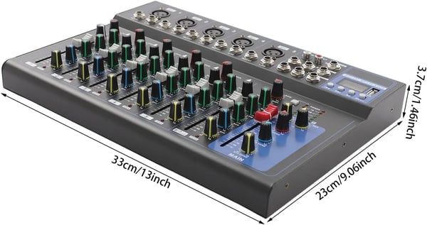 Lydmixer, 7 kanaler, tre-frekvens equalizer, realtids overvågning, indbyggede musikstile, holdbar metal konstruktion