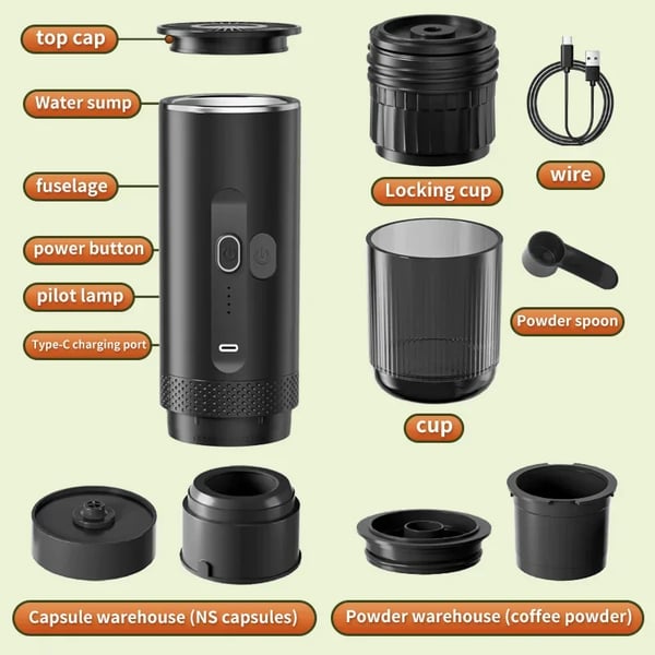 Espresso Kaffemaskine, Bærbar Design, Hurtig Bryggetid,sort