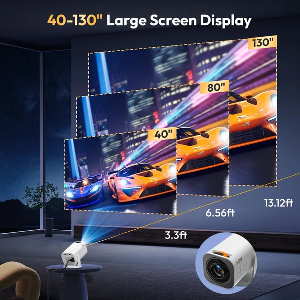Projektor, LED, 12000 lumen lysstyrke, 1280x720 dpi optisk opløsning, 40-120 tommer projiceret dimension, Bluetooth 5.2