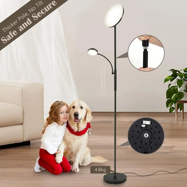 Gulvlampe, Højde 175 cm, 27W Hovedlys, 7W Læselampe, Trinløs Dæmpning 10%-100%, Farvetemperatur 3000K-6000K