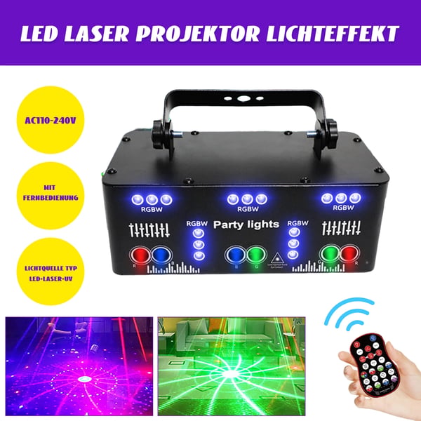 DJ Projektor Scene Lys, 15 LED Perler, 6 Laser Huller,sort, EU-stik
