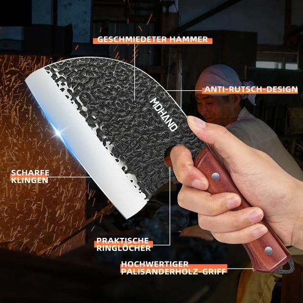 Monitoimikokkiveitsisarja, korkeahiilinen ruostumaton teräs, ergonominen muotoilu, ruosteenkestävä taottu terä.