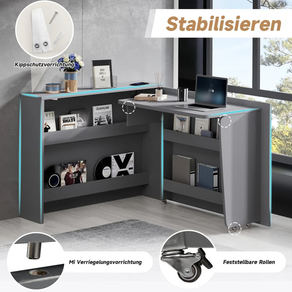 Foldbart Skrivebord, Trådløs Oplader, Anti-Tilt Design,Grå