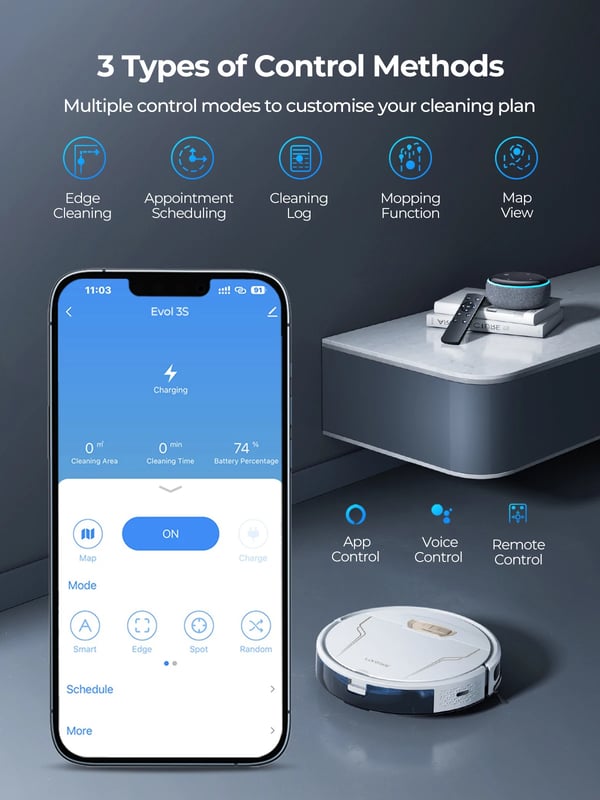 Robotstøvsuger, 4000Pa Sugeevne, Smart Navigation,EU, Evol 3S-Hvid