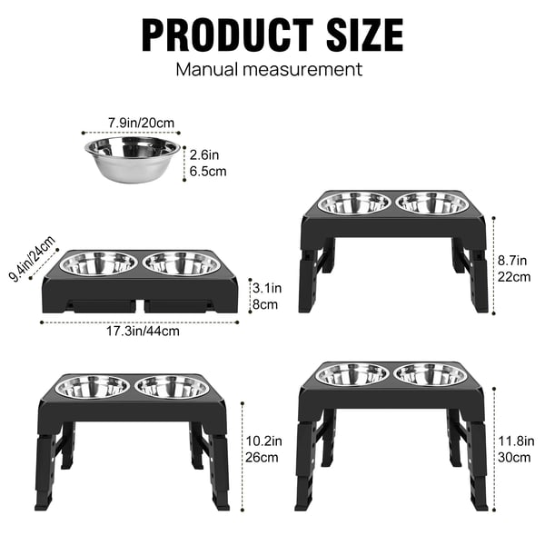 Hævet hundeskål, justerbare højder 8 cm til 30 cm, rustfrit stål skåle, størrelse 43x24 cm, skridsikker design, vægt 1,24 kg