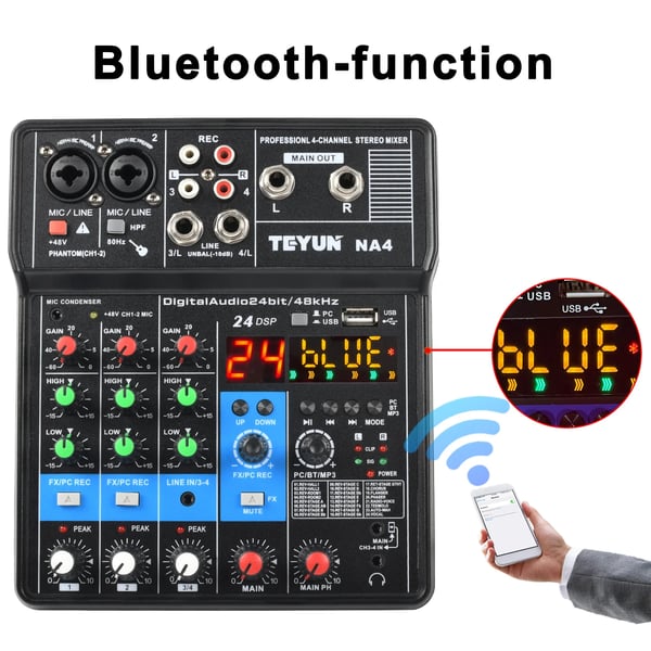TEYUN Lydmixer, 4 Kanaler, Bluetooth-forbindelse,EU STIK